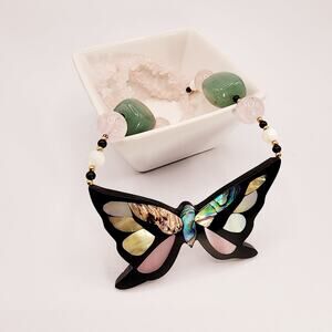 Lee Sands Butterfly Necklace Jade Rose Quartz Inlayed Abalone Mother of Pearl